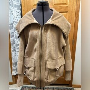 Corduroy and Sherpa Zip Up Jacket with Funnel Collar Tan Camel Oversized, retro